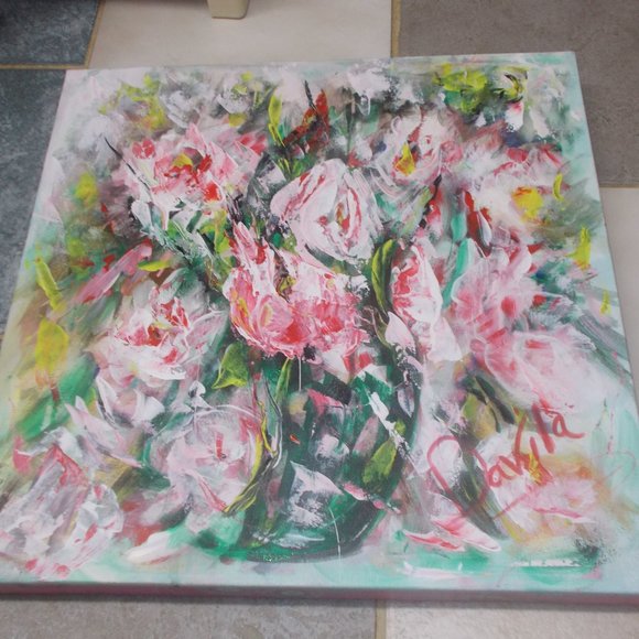 Original "Pink Chiffon Floral" fine art acrylic painting, 18"x18"x1.5" - Picture 2 of 3